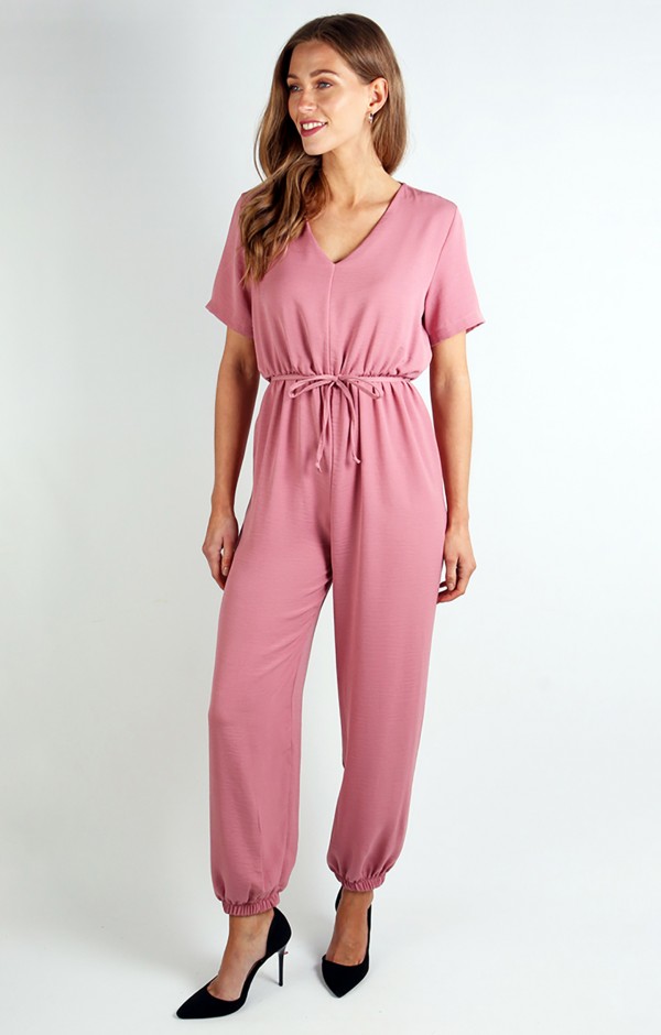 Tie Waist Short Sleeve Jumpsuit